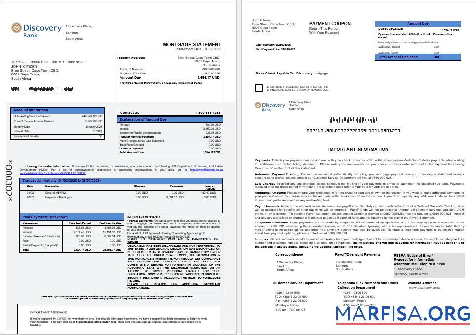 Downloadable South Africa Discovery bank mortgage statement in Word and PDF formats 1 2 sample